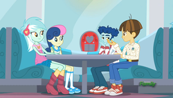 Size: 1898x1080 | Tagged: safe, screencap, bon bon, curly winds, lyra heartstrings, some blue guy, sweetie drops, wiz kid, coinky-dink world, equestria girls, g4, my little pony equestria girls: summertime shorts, adorabon, converse, cute, diner, discovery family logo, female, gay, lesbian, lyrabetes, male, ship:lyrabon, ship:wizwinds, shipping, shoes, sitting, smiling, sneakers, teenager