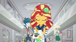 Size: 770x434 | Tagged: safe, screencap, bright idea, derpy hooves, flash sentry, golden hazel, starlight, sunset shimmer, sweet leaf, thunderbass, valhallen, velvet sky, equestria girls, g4, good vibes, my little pony equestria girls: summertime shorts, animated, apron, background human, clothes, cute, diasentres, food, fountain, happi, japanese, no sound, shipping fuel, sunset sushi, sushi, water, webm