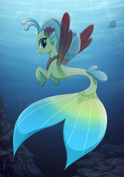Size: 1915x2715 | Tagged: safe, artist:liu ting, princess skystar, spike, puffer fish, seapony (g4), g4, my little pony: the movie, blue eyes, bubble, crepuscular rays, cute, digital art, dorsal fin, female, fin, fin wings, fins, fish tail, flower, flower in hair, flowing mane, flowing tail, jewelry, looking at you, looking back, necklace, ocean, open mouth, pearl necklace, smiling, species swap, spike the pufferfish, sunlight, swimming, tail, underwater, water, wings