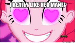 Size: 600x343 | Tagged: safe, edit, edited screencap, screencap, pinkie pie, coinky-dink world, equestria girls, g4, my little pony equestria girls: summertime shorts, heart eyes, i really like her mane, image macro, meme, memeful.com, pinkie's eyes, want it need it, wingding eyes