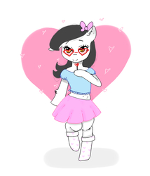 Size: 476x557 | Tagged: safe, artist:ampbatross, oc, oc only, semi-anthro, belly button, bow, clothes, cute, female, glasses, hair bow, heart, mare, midriff, redraw, skirt, socks, solo