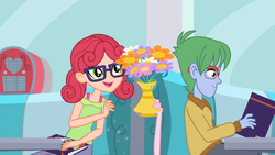 Size: 1366x768 | Tagged: safe, screencap, alizarin bubblegum, celery stalk, pinkie pie, coinky-dink world, equestria girls, g4, my little pony equestria girls: summertime shorts, alizary, background human, diner, flower, shipping fuel