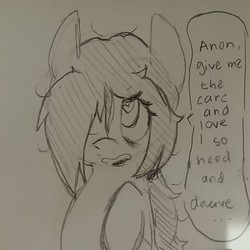 Size: 1240x1240 | Tagged: safe, artist:shpace, oc, oc only, oc:anon, oc:floor bored, earth pony, pony, /mlp/, 4chan, dialogue, female, heart eyes, mare, monochrome, open mouth, ponytail, solo, speech bubble, traditional art, wingding eyes
