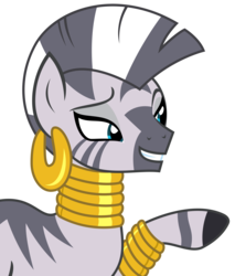 Size: 2631x3084 | Tagged: safe, artist:sketchmcreations, zecora, zebra, g4, it isn't the mane thing about you, bracelet, ear piercing, earring, female, high res, jewelry, lidded eyes, neck rings, piercing, quadrupedal, raised hoof, simple background, smiling, transparent background, vector