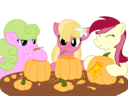 Size: 2000x1500 | Tagged: safe, artist:kiwiscribbles, daisy, flower wishes, lily, lily valley, roseluck, earth pony, pony, g4, carving, eyes closed, female, flower, flower in hair, flower trio, halloween, holiday, jack-o-lantern, knife, mare, mouth hold, pumpkin, simple background, table, transparent background