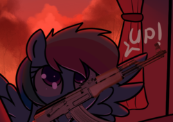 Size: 520x366 | Tagged: safe, artist:neuro, rainbow dash, pegasus, pony, g4, ak-47, assault rifle, female, gun, rifle, solo, weapon