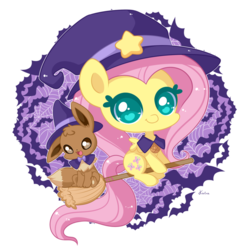 Size: 800x800 | Tagged: safe, artist:exceru-karina, fluttershy, eevee, pegasus, pony, g4, broom, chibi, crossover, cute, female, flying, flying broomstick, hat, heart eyes, looking at you, mare, pokémon, shyabetes, simple background, smiling, transparent background, wingding eyes, witch, witch hat, ych result