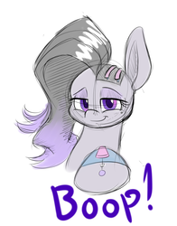 Size: 1100x1400 | Tagged: safe, artist:heir-of-rick, pony, boop, bust, colored sketch, lidded eyes, looking at you, overwatch, ponified, portrait, simple background, smiling, smirk, solo, sombra (overwatch), white background