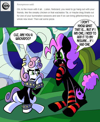 Size: 2400x2940 | Tagged: safe, artist:pembroke, sweetie belle, oc, oc:pinkie tai, g4, dialogue, high res, meanie belle, speech bubble