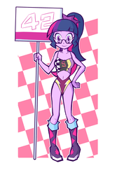 Size: 800x1200 | Tagged: safe, artist:rvceric, sci-twi, twilight sparkle, equestria girls, g4, 42, adorasexy, belly button, boots, checkered background, clothes, cute, female, glasses, high heel boots, leotard, looking at you, navel cutout, race queen, sexy, shoes, sign, smiling, solo, twiabetes