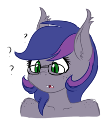 Size: 879x977 | Tagged: safe, artist:phoenixswift, oc, oc only, oc:midnight melody, bat pony, anthro, bat pony oc, bust, glasses, question mark, simple background, solo, transparent background