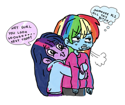 Size: 1721x1443 | Tagged: safe, artist:twilight-sparkle-things, rainbow dash, twilight sparkle, equestria girls, g4, clothes, dialogue, female, hug, lesbian, ship:twidash, shipping, simple background, sweater, white background