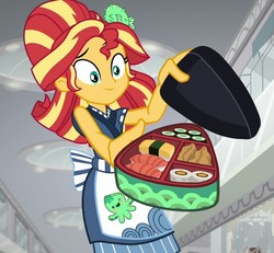 Size: 1160x1073 | Tagged: safe, screencap, sunset shimmer, equestria girls, g4, good vibes, my little pony equestria girls: summertime shorts, apron, barrette, bento, clothes, female, food, hair bun, hairclip, hairpin, happi, rice, solo, standing, sunset sushi, sushi, uniform