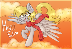 Size: 1300x900 | Tagged: safe, artist:fanaticpanda, derpy hooves, pony, g4, clothes, cloud, cute, female, flying, mare, scarf, sky, solo, tongue out