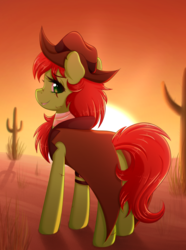 Size: 2584x3466 | Tagged: safe, artist:fluffymaiden, oc, oc only, oc:snap apple, pony, cowboy hat, female, hat, high res, looking back, mare, smiling, solo, stetson