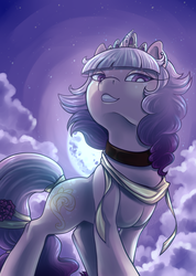 Size: 1783x2500 | Tagged: safe, artist:breloomsgarden, oc, oc only, oc:pale rose, pony, unicorn, backlighting, cloud, commission, moon, night, solo