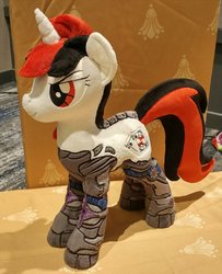 Size: 906x1117 | Tagged: safe, artist:equestriaplush, oc, oc only, oc:blackjack, cyborg, pony, unicorn, fallout equestria, fallout equestria: project horizons, amputee, augmented, cyber legs, cybernetic legs, fanfic, fanfic art, female, hooves, horn, irl, level 2 (project horizons), mare, photo, plushie, solo