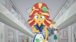 Size: 1920x1080 | Tagged: safe, screencap, derpy hooves, starlight, sunset shimmer, sweet leaf, valhallen, equestria girls, g4, good vibes, my little pony equestria girls: summertime shorts, background human, canterlot mall, sunset sushi