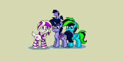 Size: 640x320 | Tagged: safe, artist:php142, oc, oc only, oc:purple flix, bat pony, deer, pony, pony town, :t, accessory, animated, aseprite, clothes, cute, gif, living object, looking at you, male, nom, one eye closed, plushie, scarf, socks, striped socks, tail bite, wink