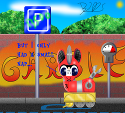 Size: 2260x2041 | Tagged: safe, artist:trackheadtherobopony, oc, oc only, oc:trackhead, pony, robot, robot pony, graffiti, high res, parking ticket, sign, signature, solo, tree, wheel boot