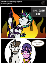 Size: 1882x2537 | Tagged: safe, artist:littletigressda, cookie crumbles, hondo flanks, rarity, g4, it isn't the mane thing about you, alternate hairstyle, comic, electric guitar, guitar, guitarity, musical instrument, punk, raripunk, ship:cookieflanks