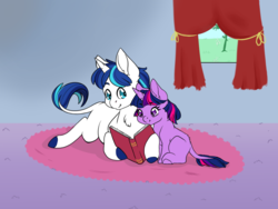 Size: 1024x768 | Tagged: safe, artist:uniquecolorchaos, shining armor, twilight sparkle, pony, unicorn, g4, bbbff, book, brother and sister, colt, female, filly, filly twilight sparkle, male, siblings, sitting, story included, younger