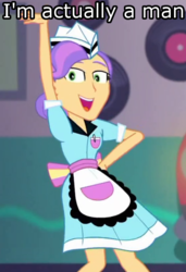 Size: 545x798 | Tagged: safe, edit, edited screencap, screencap, tip top, coinky-dink world, equestria girls, g4, my little pony equestria girls: summertime shorts, cropped, crossdressing, diner, diner uniform, image macro, male, meme, solo, trap, waitress