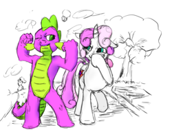 Size: 705x532 | Tagged: artist needed, safe, spike, sweetie belle, dragon, g4, boop, colored sketch, female, giggling, male, pose, self-boop, ship:spikebelle, shipping, sketch, straight