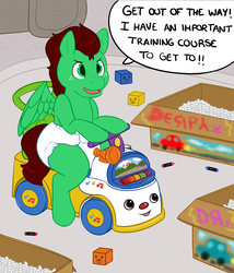 Size: 3000x3500 | Tagged: safe, artist:uniamoon, oc, oc only, oc:northern haste, pony, bipedal, cardboard box, commission, crayon, diaper, doodles, fisher price, high res, packing peanuts, playing, solo, toddler, toy