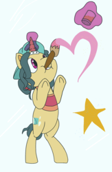 Size: 1500x2296 | Tagged: safe, fresh coat, pony, unicorn, g4, apron, backwards ballcap, baseball cap, bipedal, cap, clothes, female, glass, glitter, hat, heart, magic glow, mare, paint, paintbrush, painting, solo, stars