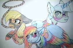 Size: 1024x681 | Tagged: safe, artist:evergreen-gemdust, applejack, lyra heartstrings, mistress marevelous, rainbow dash, zapp, pony, g4, lasso, power ponies, rope, traditional art