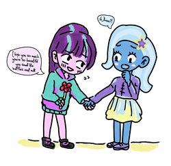 Size: 1280x1238 | Tagged: safe, artist:twilight-sparkle-things, starlight glimmer, trixie, equestria girls, g4, blushing, dialogue, duo, female, flower, holding hands, lesbian, marriage proposal, ship:startrix, shipping