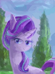 Size: 756x1009 | Tagged: safe, artist:laurasrxfgcc, starlight glimmer, pony, unicorn, g4, female, lidded eyes, looking at you, mare, smiling, solo, tree