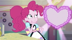 Size: 1200x674 | Tagged: safe, edit, editor:kingkek42, screencap, pinkie pie, coinky-dink world, equestria girls, g4, my little pony equestria girls: summertime shorts, diner, diner uniform, exploitable, female, heart, server pinkie pie, solo, template, thinking