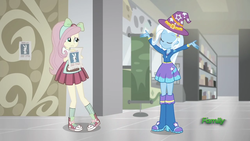 Size: 1280x720 | Tagged: safe, screencap, angel bunny, fluttershy, trixie, equestria girls, g4, good vibes, my little pony equestria girls: summertime shorts, canterlot mall, converse, shoes, sneakers