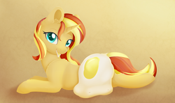 Size: 1363x809 | Tagged: safe, artist:dusthiel, sunset shimmer, pony, unicorn, g4, bacon hair, chest fluff, cute, ear fluff, eating, egg, female, leg fluff, looking at you, mare, prone, pun, shimmerbetes, smiling, solo, visual pun