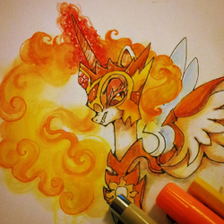 Size: 1080x1079 | Tagged: safe, artist:suippumato, daybreaker, alicorn, pony, g4, armor, fangs, female, fire, magic, mane of fire, mare, marker, marker drawing, smiling, smirk, solo, traditional art