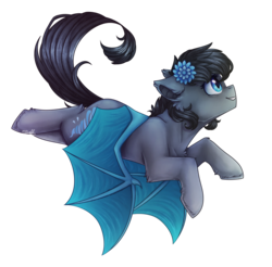 Size: 1629x1606 | Tagged: safe, artist:cloud-drawings, oc, oc only, oc:seachell, bat pony, pony, female, flower, flower in hair, flying, mare, simple background, solo, transparent background