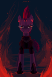 Size: 2376x3547 | Tagged: safe, artist:utauyan, tempest shadow, pony, unicorn, g4, my little pony: the movie, armor, broken horn, eye scar, female, fire, high res, horn, looking at you, mare, scar, solo