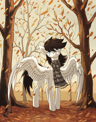 Size: 1400x1767 | Tagged: safe, artist:koviry, oc, oc only, oc:aurora, autumn, clothes, leaves, scarf, solo, tree