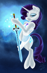 Size: 4400x6800 | Tagged: safe, artist:althyra-nex, part of a set, rarity, pony, g4, absurd resolution, bipedal, clothes, dress, female, hoof hold, knights of harmony, solo, sword, weapon