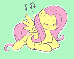 Size: 1820x1453 | Tagged: safe, artist:funble, fluttershy, pegasus, pony, g4, blushing, cute, eyes closed, happy, music notes, preggoshy, pregnant, prone, sensibly-proportioned pregnancy, shyabetes, simple background, smiling, spread wings, wings