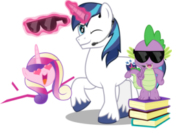 Size: 8259x6223 | Tagged: safe, artist:jhayarr23, princess cadance, shining armor, spike, dragon, pony, unicorn, g4, absurd resolution, book, female, glowing horn, headset, heart eyes, horn, magic, male, mare, one eye closed, security guard, ship:shiningcadance, shipping, simple background, smiling, stallion, straight, sunglasses, transparent background, vector, wingding eyes, wink