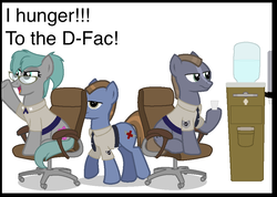 Size: 940x670 | Tagged: safe, artist:ethanchang, oc, oc only, oc:lowdrag, oc:sra duke, oc:sra. watercooler, oc:willes, pony, 1st awesome platoon, air force, chair force, military