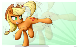 Size: 2000x1200 | Tagged: safe, artist:sentireaeris, applejack, g4, bucking, chest fluff, ear fluff, kicking, looking back, simple background, zoom layer