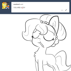 Size: 1650x1650 | Tagged: safe, artist:tjpones, oc, oc only, oc:brownie bun, earth pony, pony, horse wife, ask, breaking the fourth wall, chest fluff, correction, ear fluff, eyes closed, grayscale, misspelling, monochrome, mouth hold, pencil, simple background, solo, toy story, tumblr, white background