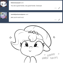 Size: 1650x1650 | Tagged: safe, artist:tjpones, oc, oc only, oc:brownie bun, earth pony, pony, horse wife, ask, descriptive noise, floppy ears, grayscale, happy, horse noises, looking at you, monochrome, simple background, solo, sparkles, tumblr, white background