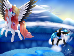 Size: 4000x3000 | Tagged: safe, artist:honeybbear, oc, oc only, oc:beatz, oc:ember (cinnamontee), pegasus, pony, cloud, colored wings, female, high res, mare, mountain, multicolored wings