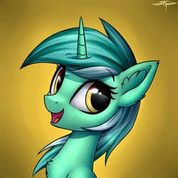 Size: 3000x3000 | Tagged: safe, artist:setharu, lyra heartstrings, pony, unicorn, bust, chest fluff, cute, ear fluff, eyebrows, female, gradient background, lyrabetes, mare, open mouth, portrait, signature, smiling, solo