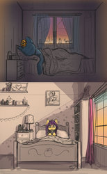 Size: 1610x2611 | Tagged: safe, artist:lunebat, comic:clockwise, bed, bedroom, clock, colt, comic, dawn, female, furniture, lying on bed, male, mare, morning, morning ponies, phone, sunrise, window